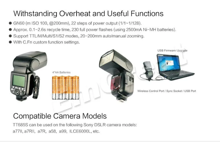 Godox TT685S GN60 ttl вспышка светильник Speedlite 230 Полная мощность Авто/Ручное Масштабирование для sony DSLR камер A77II A7RII A7R A58 A99