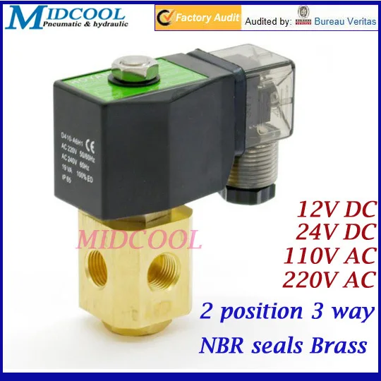 

2 position 3 way Direct acting NC mini solenoid valve 1/8" 24V DC NBR seals brass for gas water oil