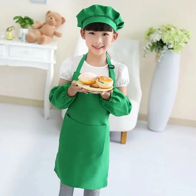 green Детский Полиэстер Фартук живопись фартук дети кухонный фартук набор шеф повара шляпа может напечатать логотип - Цвет: green