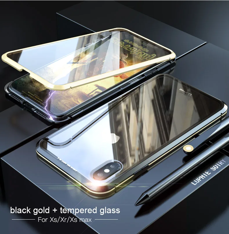 Black Gold 360 полный защитный Магнитный адсорбционный чехол для iPhone X/XS/XR/XS MAX, передняя и задняя крышка из закаленного стекла, полное покрытие экрана - Цвет: Black Gold
