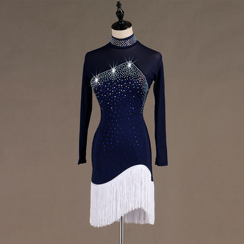 Женское платье для латиноамериканских танцев синее блестящее белое с длинными