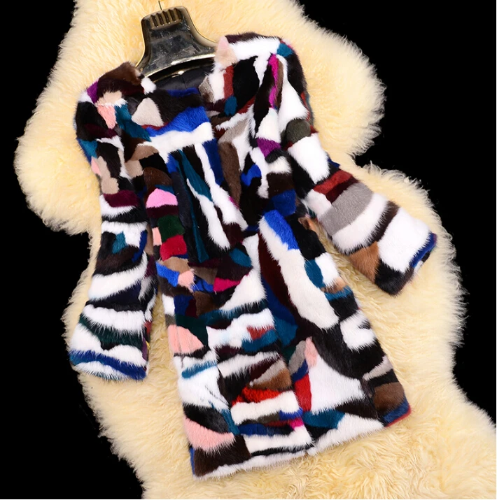 Натуральный мех норки красочное длинное Норковое меховое пальто женское ручной