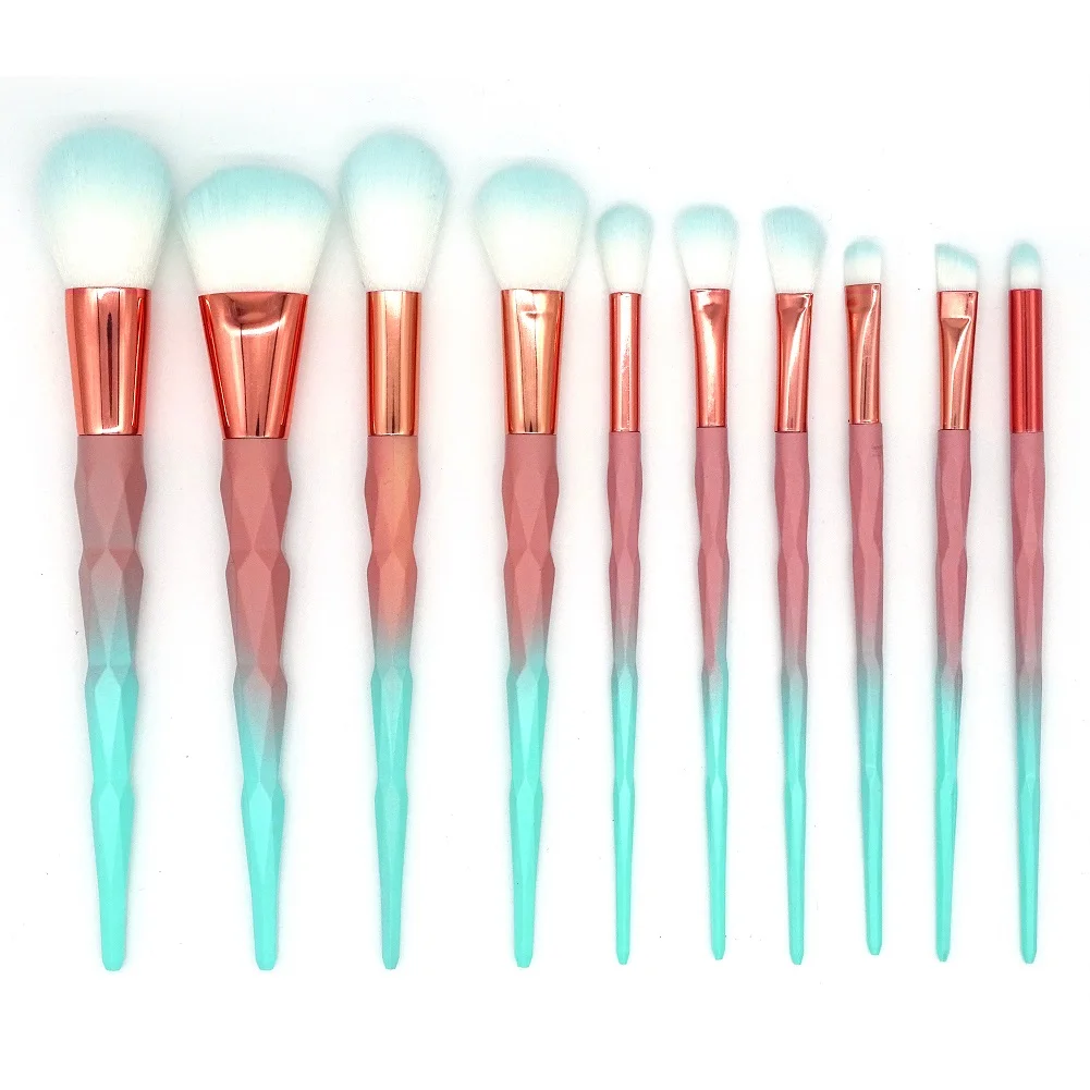 10PCS FOEONCO 7/10 шт набор кистей для макияжа с единорогом и бриллиантами Зеленый цвет Макарон косметическое средство основа для макияжа набор кистей - Handle Color: 10PCS