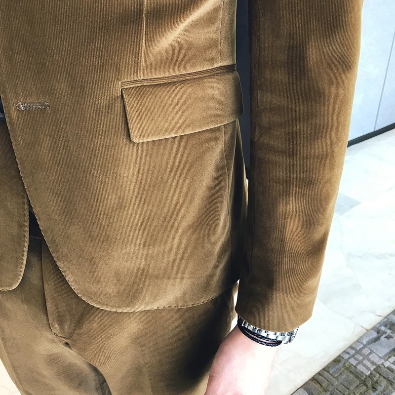 Коричневый зеленый вельвет костюм Slim Fit Vestito Uomo курение Британский TERNO masculino Trajes
