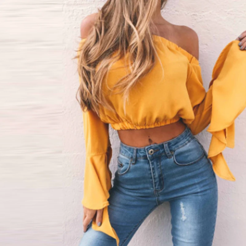 Женская блузка с оборками на рукавах свободные однотонные укороченные женские