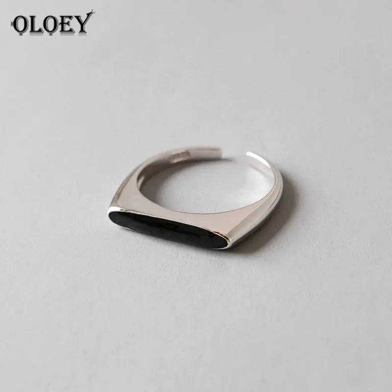 OLOEY,, настоящее 925 пробы, серебряные, открытые кольца для женщин с черной глазурью, Винтажное кольцо средней длины, хорошее ювелирное изделие, YMR565