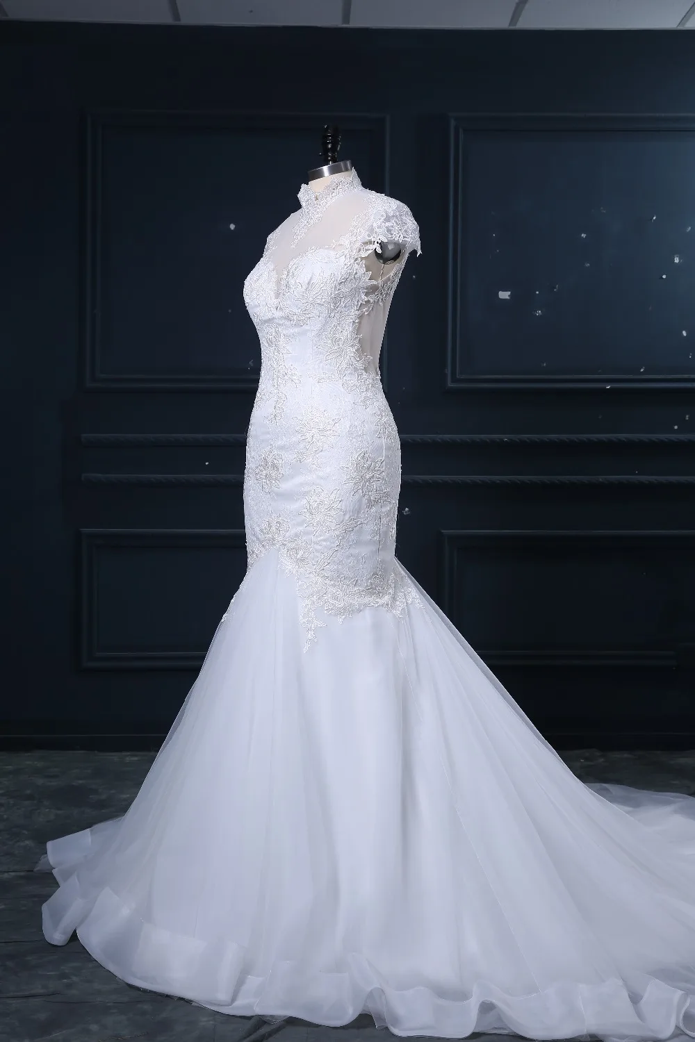 Real Image Vestido De Casamento High Neck Sheer Back Cap Sleeve Lace Mermaid Wedding Dresses Noiva 2015 PL388 | Свадьбы и торжества