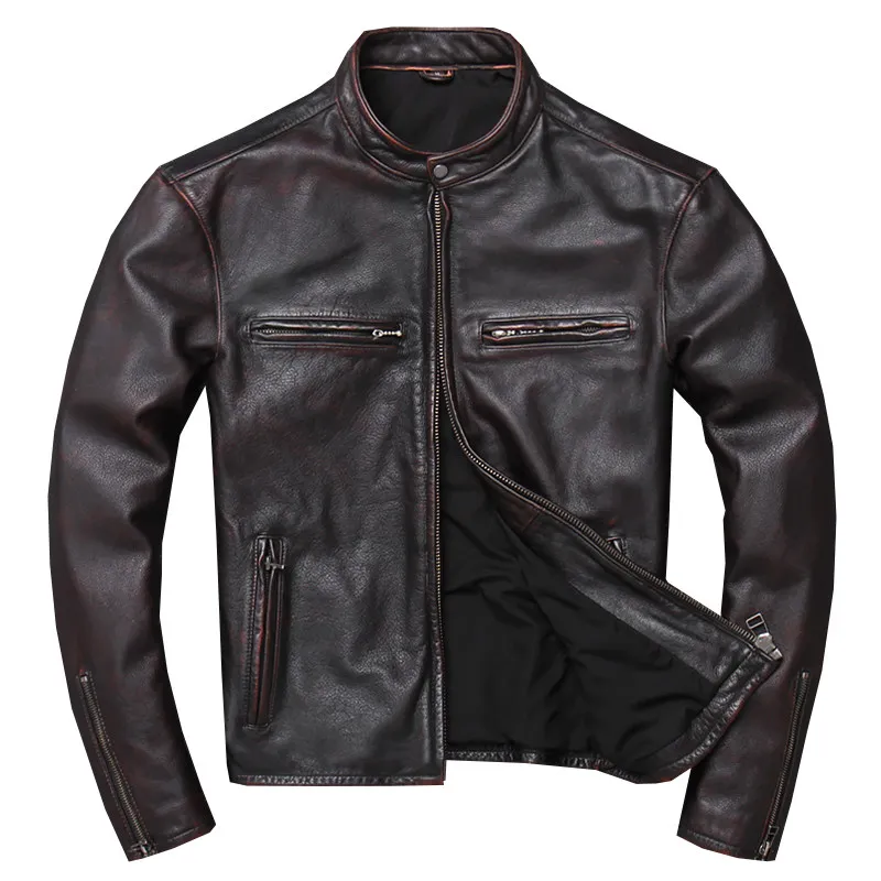 Бесплатная доставка 2019 Натуральная Воловья кожа весна байкерское пальто Винтаж