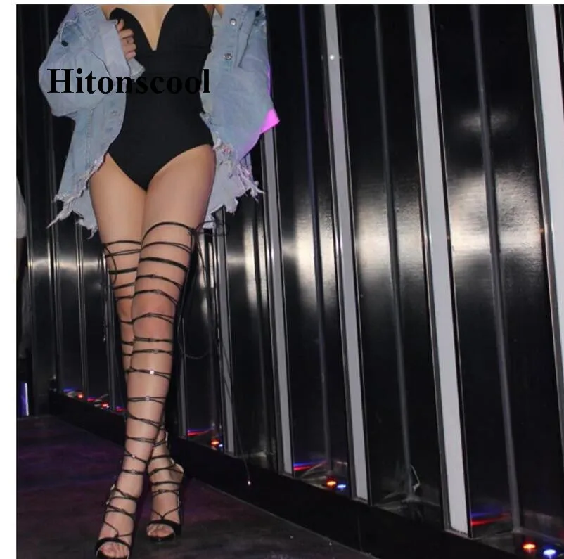 Женские летние сапоги до бедра на высоком каблуке Пикантные открытые