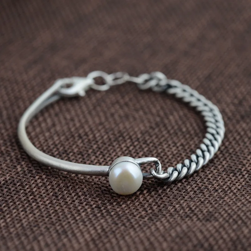 

100% Real 925 Sterling Silver Bracelets Vintage Simulated Pearl Bracelets Bangles for Women 16cm Accessories Trendy Jewelry Gift