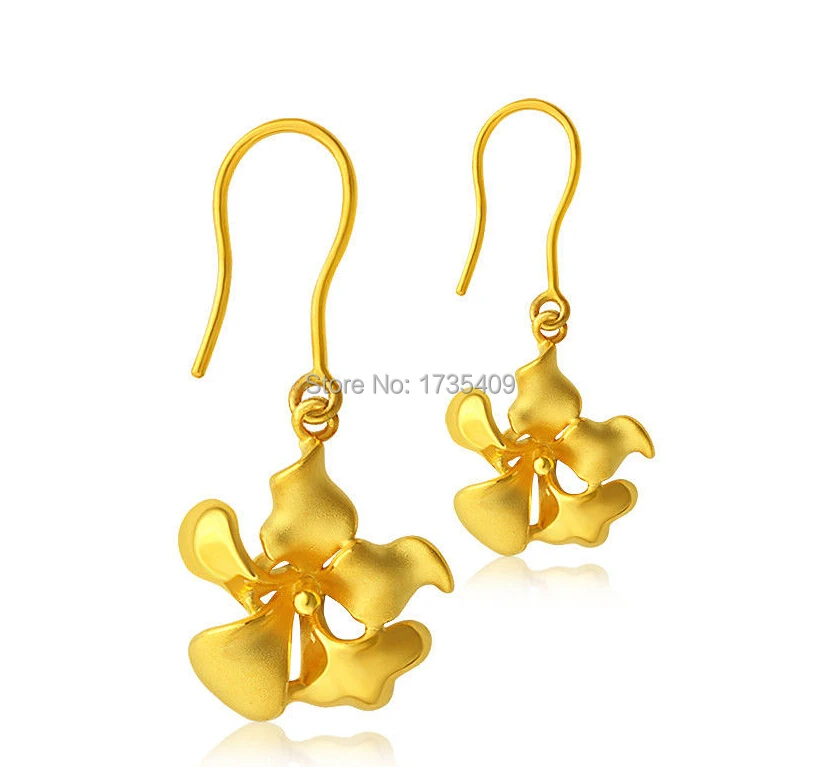 

24K Yellow Gold Earrings/ 3D Women's fairy Flower Dangle Earrings