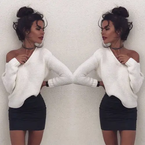 

New Fashion Women V Neck Casual Long Sleeve Sweater Pullover Loose Tops Blouse Knitwear Tops