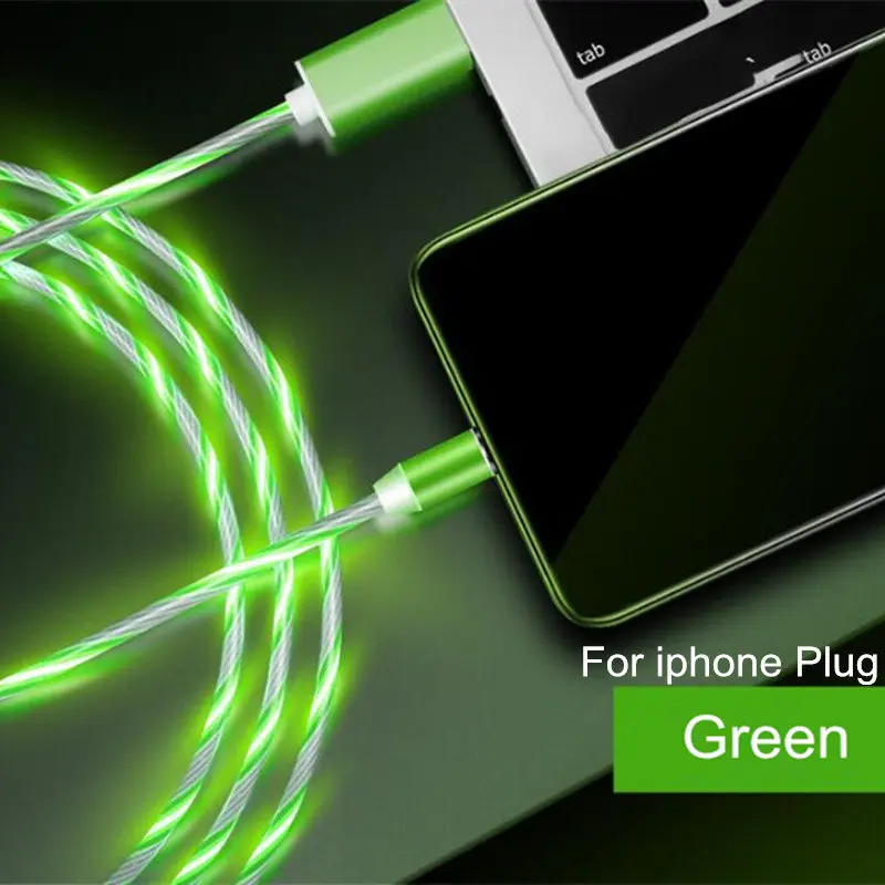 Green For iphone Цветной светодиодный магнитный кабель для телефона, быстрая зарядка, кабель Micro USB Type C, зарядное устройство для iPhone XS 8, Xiaomi, Samsung, кабель USB C - Цвет: Green For iphone
