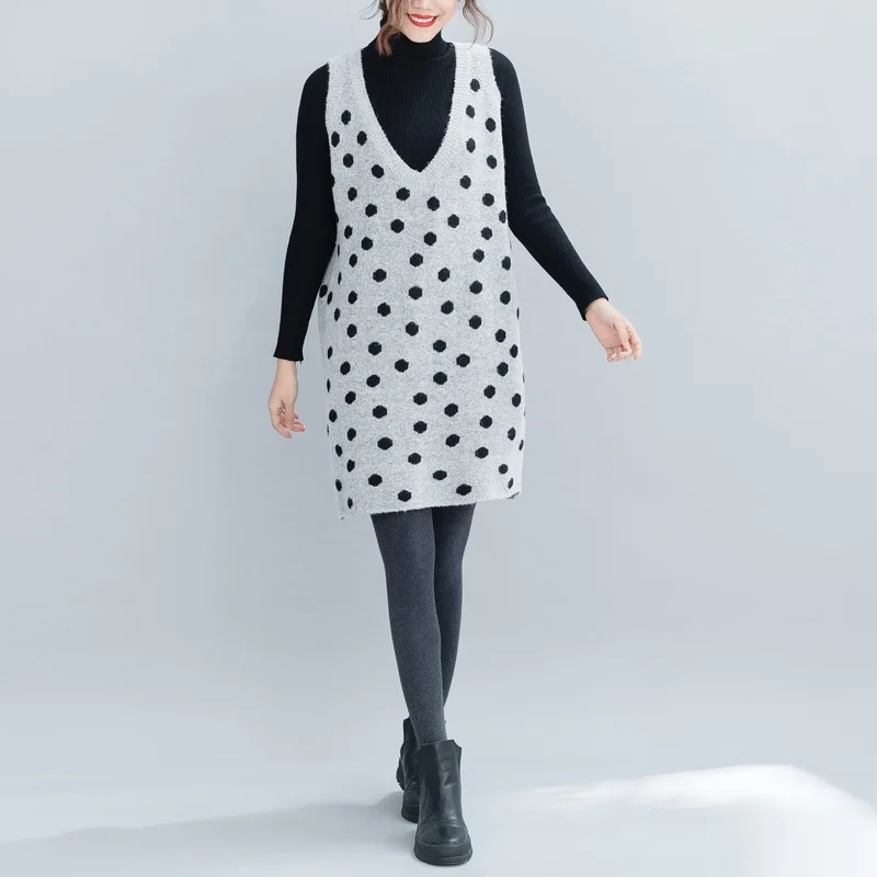 2018 autumn and winter large size women's loose sweater Two-piece suit fashion dot V-neck casual long sweaters | Женская одежда