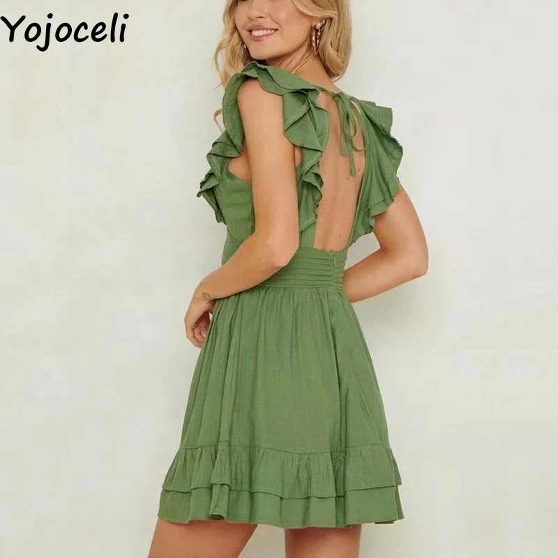 Yojoceli сексуальный V шеи рюшами Короткое платье женские летние элегантные вечерние