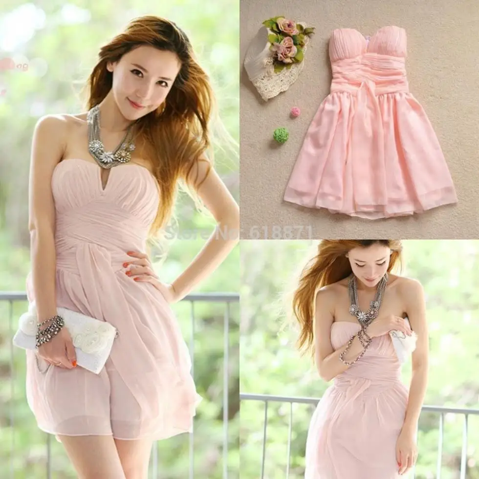 Blush Pink Bridesmaid Dress Short Crinkle Chiffon Maid Soiree New 2014 Fashion Sweetheart Party Gowns Off the Shoulder | Свадьбы и