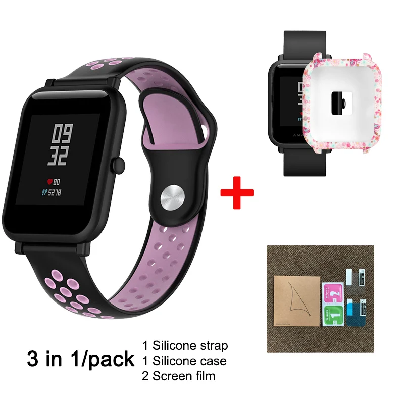 Style 2 3 в 1 для Xiaomi Huami Amazfit Bip Молодежные умные часы, аксессуары для Xiaomi Amazfit, ремешок для часов, силиконовый чехол, защитная пленка - Цвет: Style 2