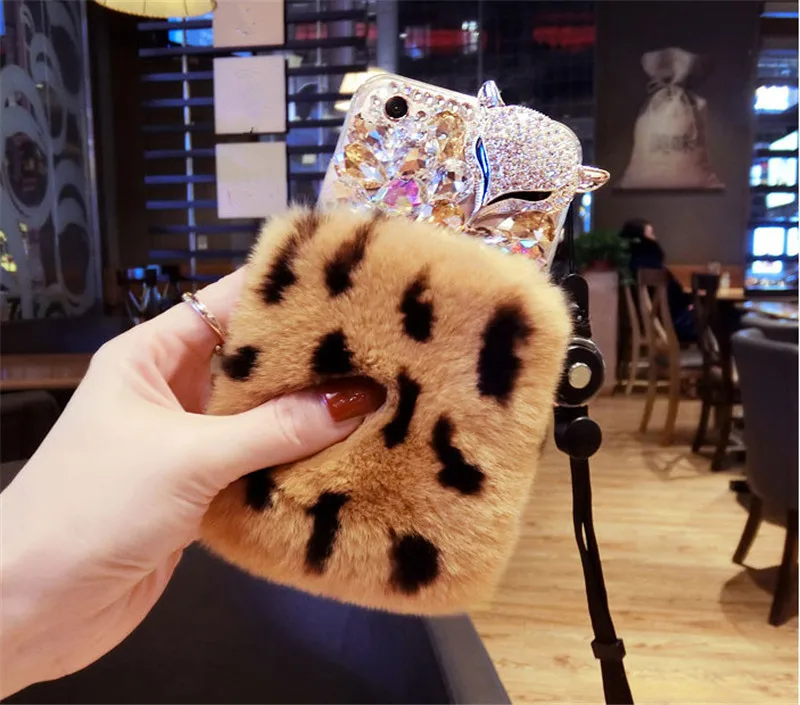 Luxury Bling Rhinestone Fox Diamond Real Rabbit Fur Soft Cover Case For Huawei P8 P9 P10 P20 P30 PLUS LiTE Mate10 20 Pro Lite | Мобильные