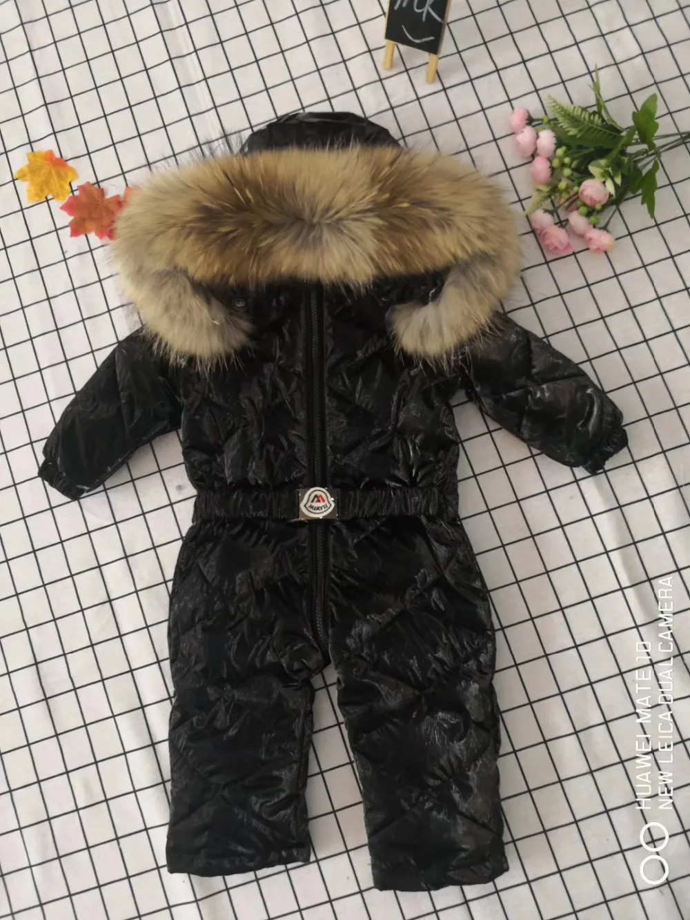 70cm-150cm Real fur hooded baby outergoing Winter children jumpsuit snow suit girl down boy Baby coveralls ski suit