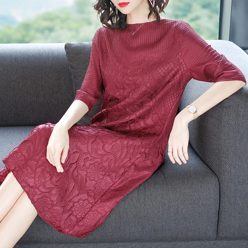 

Embroidered Dress Spring New Women Loose Large Size Fashion Elegant Middle-aged Mother Loaded Knee-length A Line Dress