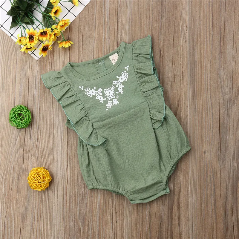 Однотонный хлопковый комбинезон с оборками для новорожденных девочек|Боди