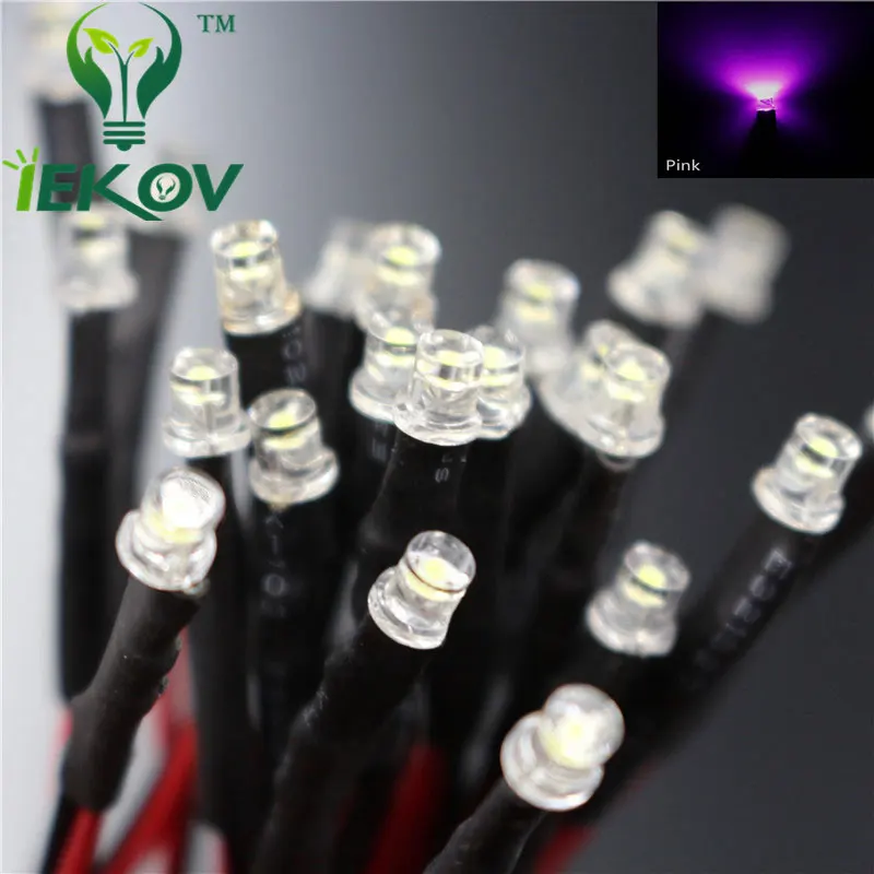 100 шт. LED 3 мм диод плоский верх розовый Предварительно проводной резистор 9-12 В DC