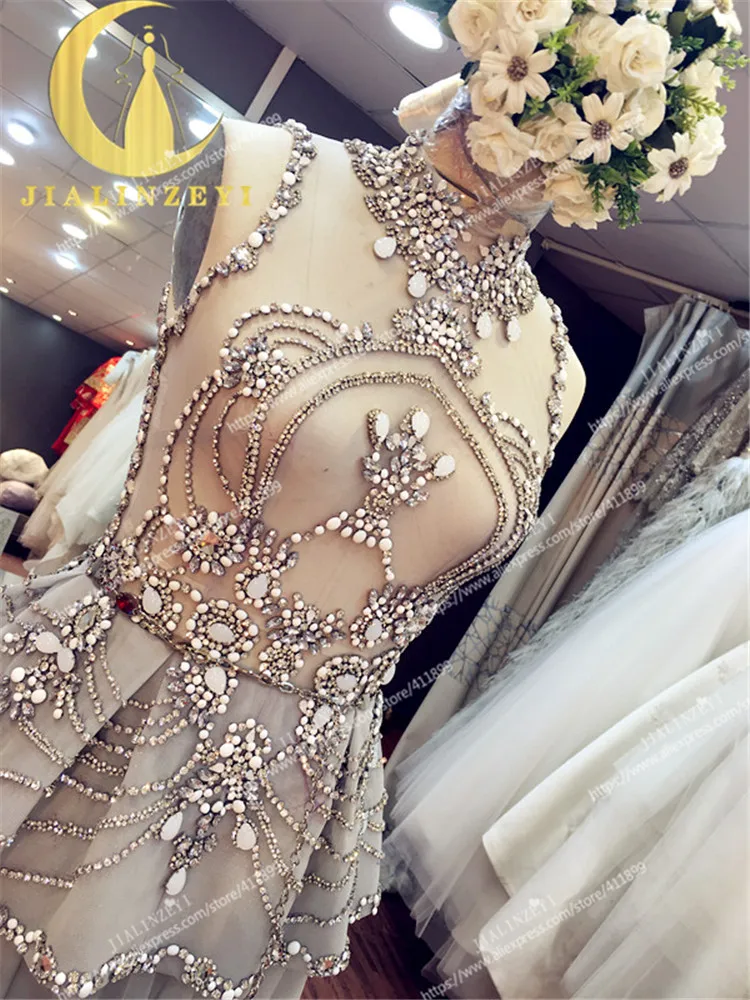 Rhine Real Image Sample Sexy Halter Grey Crystal Beads Tulle See Through Ankle Length Luxurious party Formal evening dress