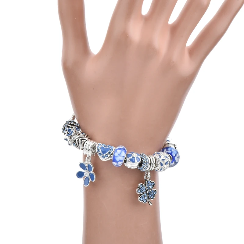 

TOUCHEART Silver Color Blue Crystal bead Charm Bracelets For Women With Two Clover Gift Wedding DIY Jewelry for pulsera feminina