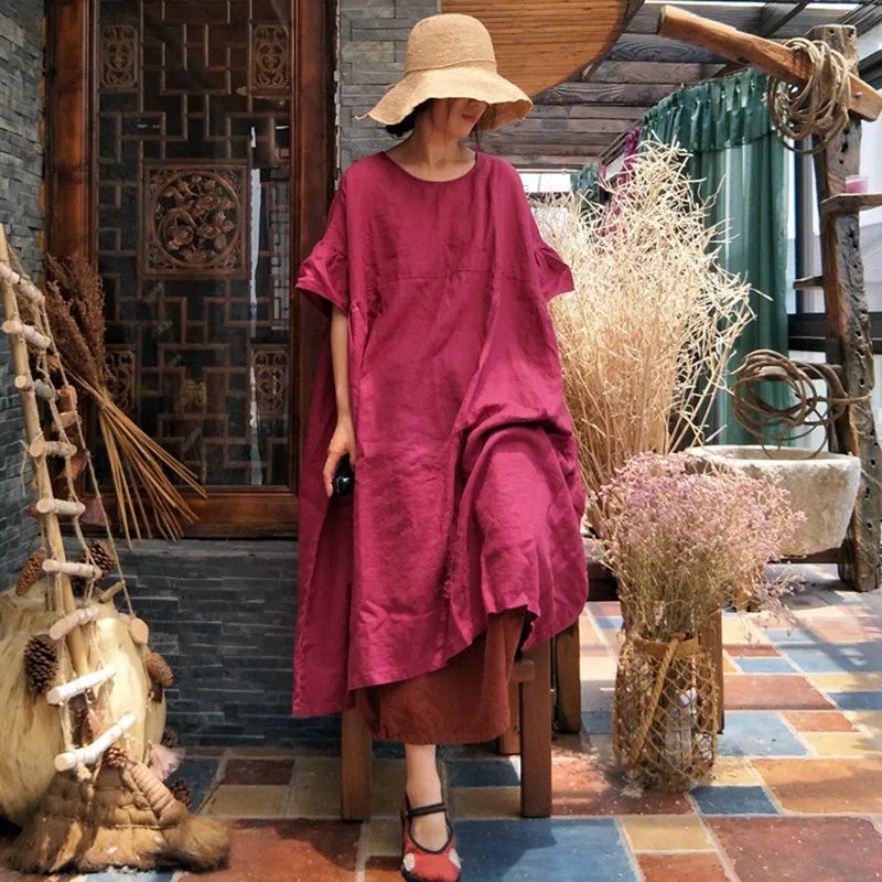 Johnature, винтажное Свободное платье, платья, новинка, летнее однотонное женское льняное платье с круглым вырезом и рукавом-бабочкой размера плюс