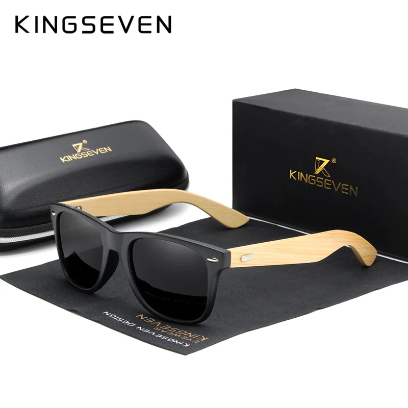 Matte Black KINGSEVEN, оригинальные мужские Поляризованные бамбуковые солнцезащитные очки, женские деревянные солнцезащитные очки, мужские брендовые деревянные очки Oculos de sol masculino - Цвет линз: Matte Black