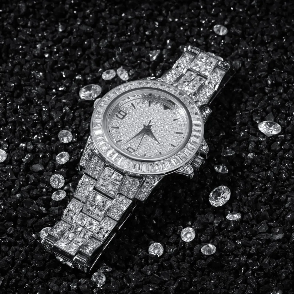 Uwin полностью Iced Out мужские часы из нержавеющей стали модные роскошные стразы кварцевые квадратные наручные часы деловые часы - Цвет: Silver