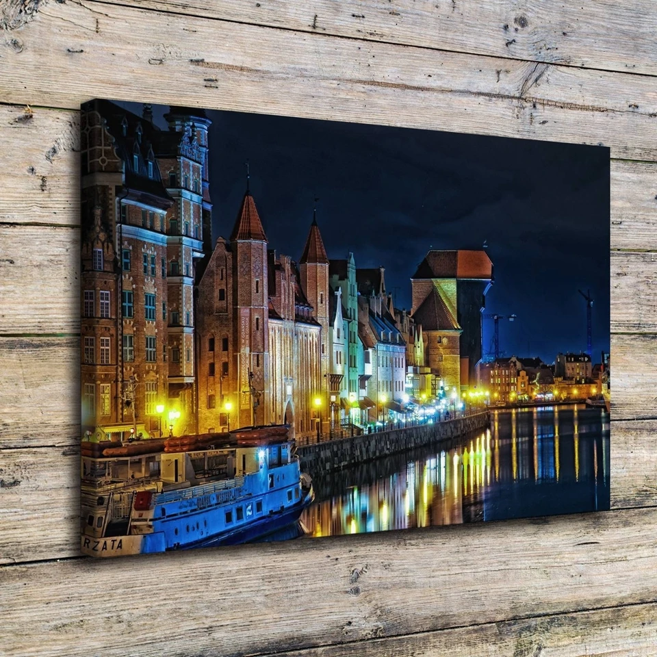 Картина на холсте для стен рамы 1 предмет Польша дома реки Гданьск ночные уличные