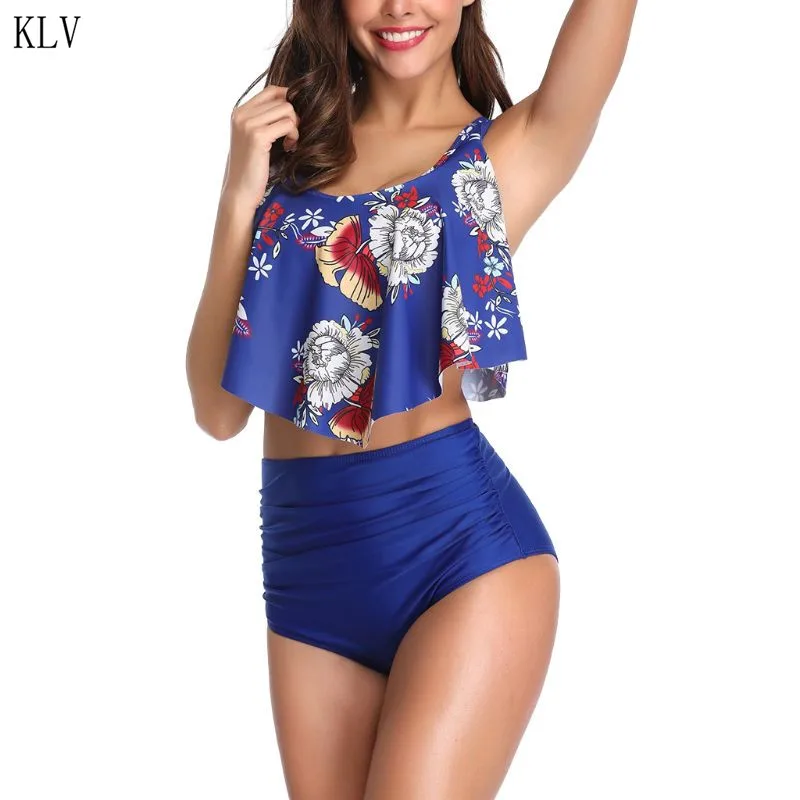 Womens Plus Size Bikini Set Ruffles Flounce Boho Floral Printing Crop Top High Waist Pleated Bottoms Thong Swimsuit Bathing Suit |