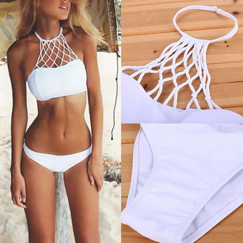 Новинка 2018 сексуальный женский комплект купальник белые сетчатые Вязаные