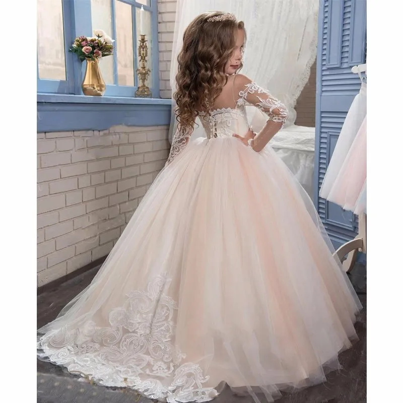 2018 Romantic Champagne Puffy Lace Long Sleeve Flower Girl Dress for Weddings Ball Gown Party Communion Pageant | Свадьбы и