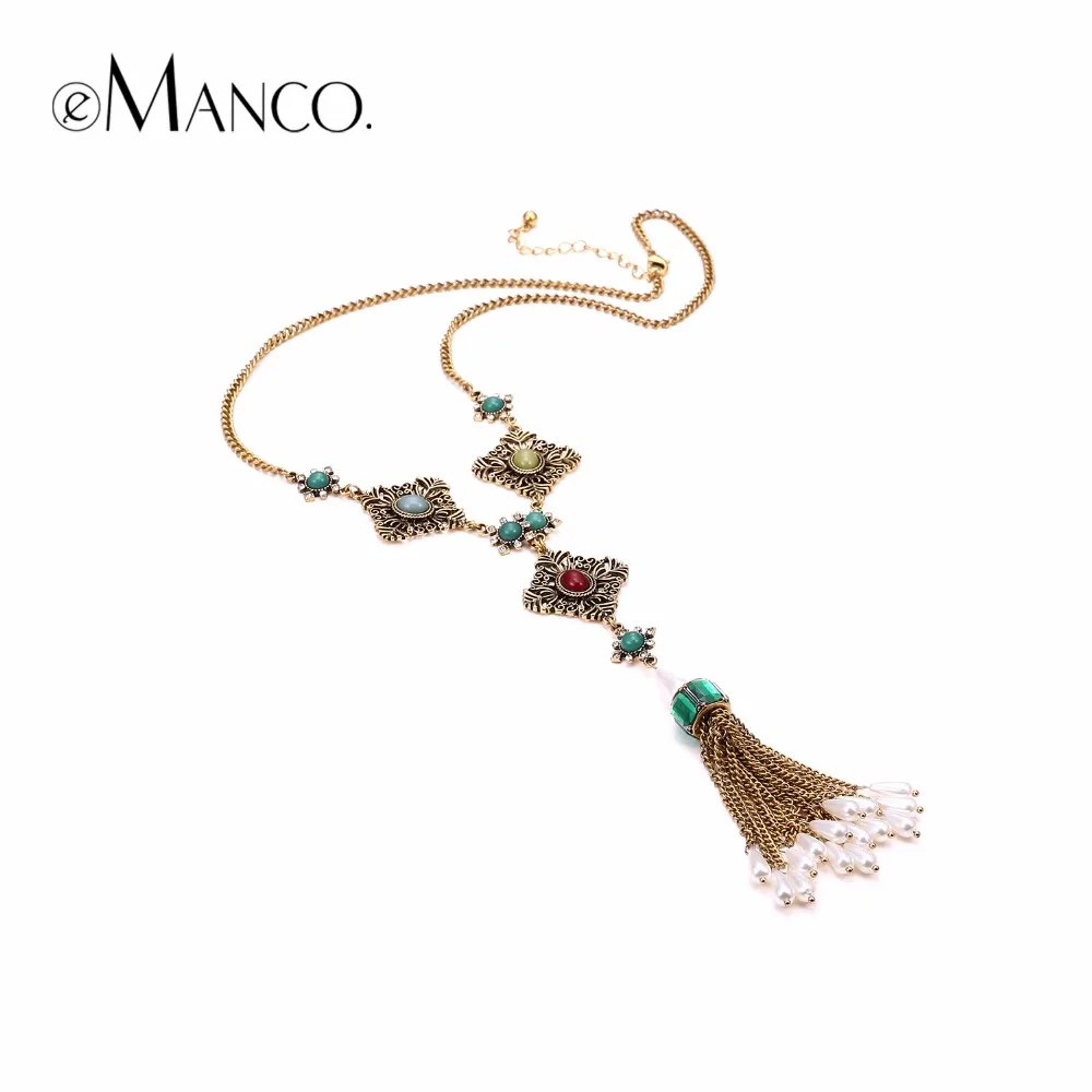 Emanco Женская винтажная зеленая стеклянная Серый Желтый Красный Смола кулон цепи ожерелье Этнические Длинные кисточкой ожерелье Jewely