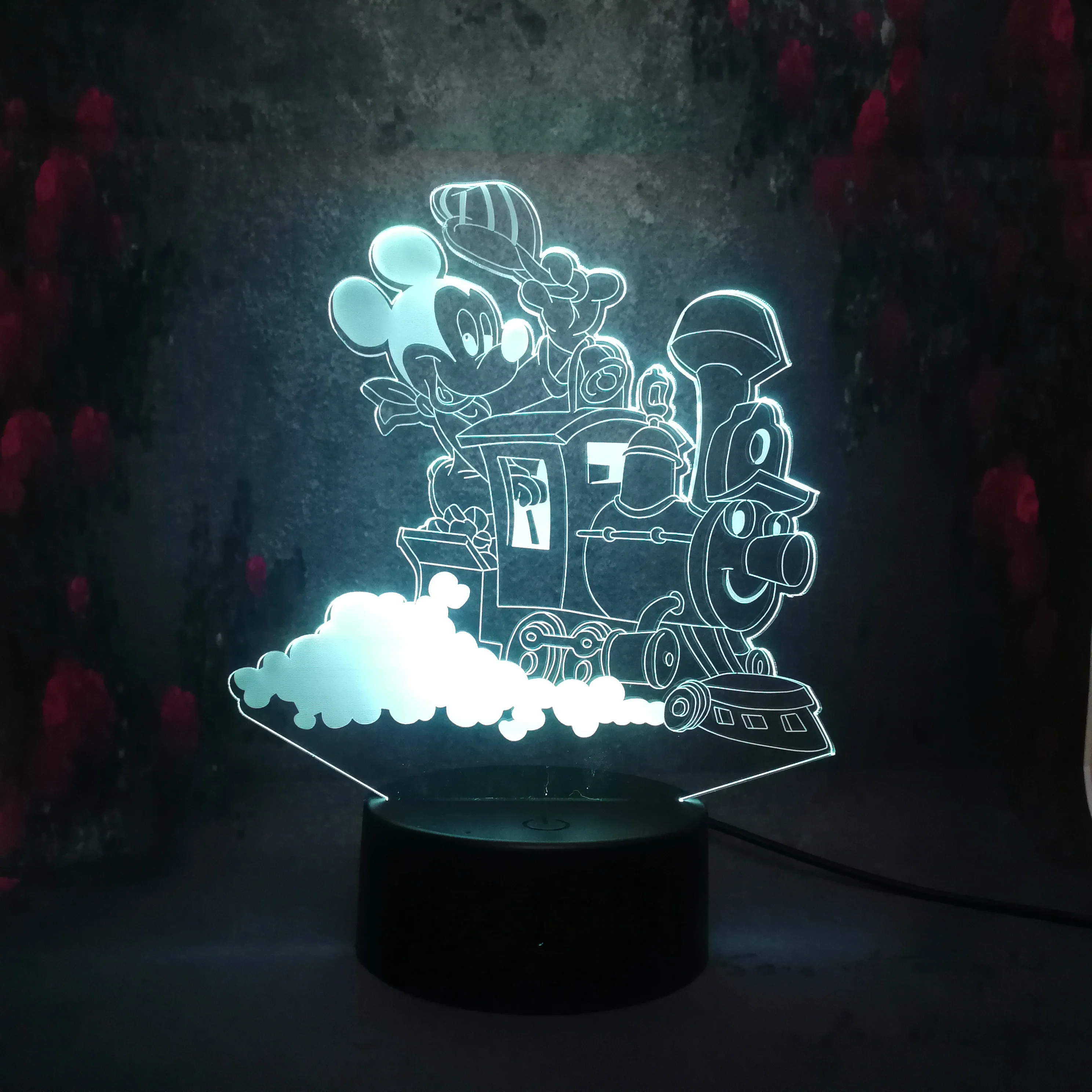 Новый стиль милый Микки Маус Вождение поезд 3D LED Сенсорная лампа настольная