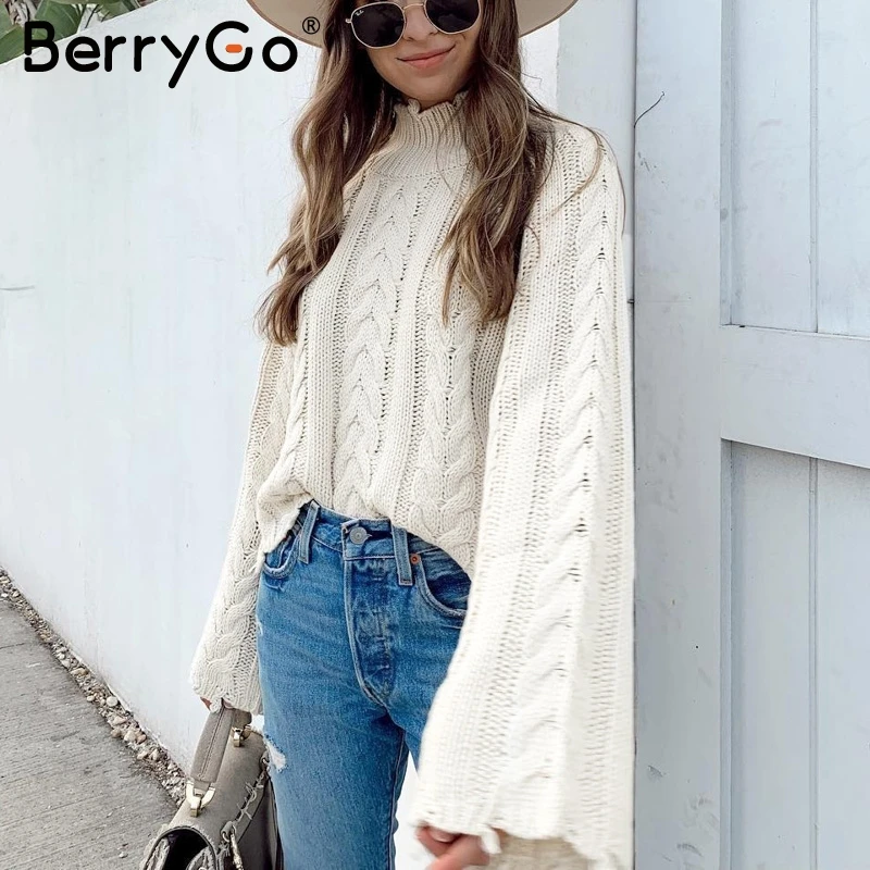 BerryGo White turtle neck women sweater Flare sleeve tassel female knitted pullovers jumper Autumn winter ladies sweaters 2019 | Женская