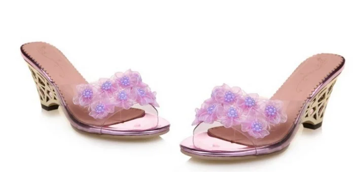 Женские летние тапочки на танкетке Прозрачная обувь с цветами и открытым носком