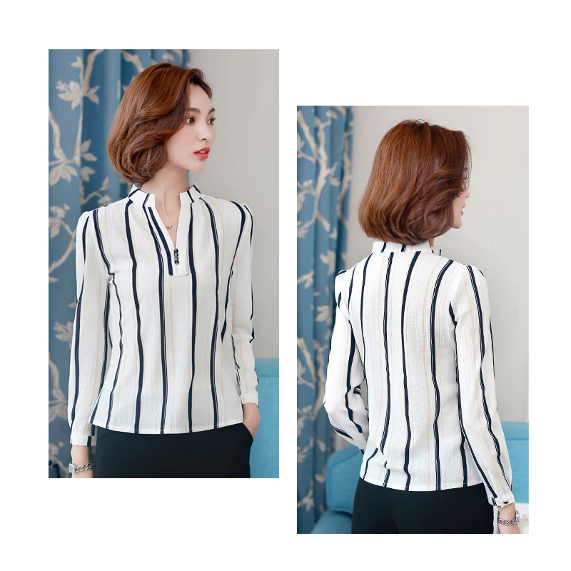 Женская шифоновая блузка с длинным рукавом в полоску принтом лето 2019 |