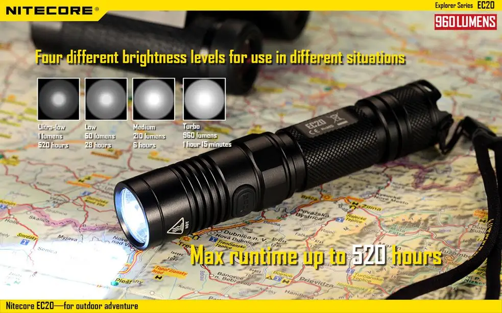 Nitecore EC20 Одноручная работа фонарик с nitecore NL186 18650 2600 мАч батарея XM-L2 960 люмен яркий водонепроницаемый