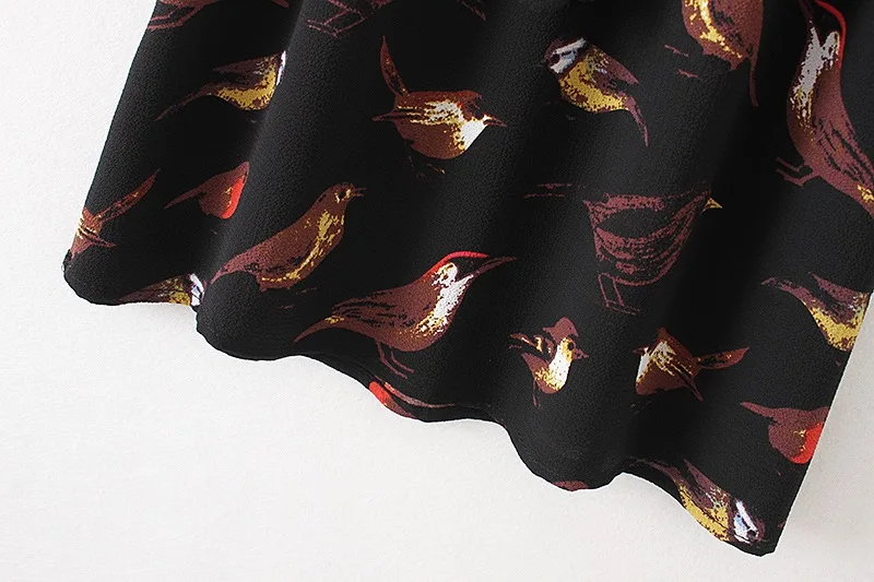 VOGUE! N Новое Женское модное мини-платье с отворотом и принтом птиц с коротким рукавом и поясом черного цвета