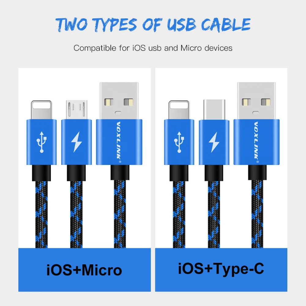 VOXLINK 2 в 1 USB кабель Micro 8Pin usb кабель для зарядки и передачи данных для iPhone x 8 8plus 6 6s samsung htc huawei Xiaomi USB TypeC кабель