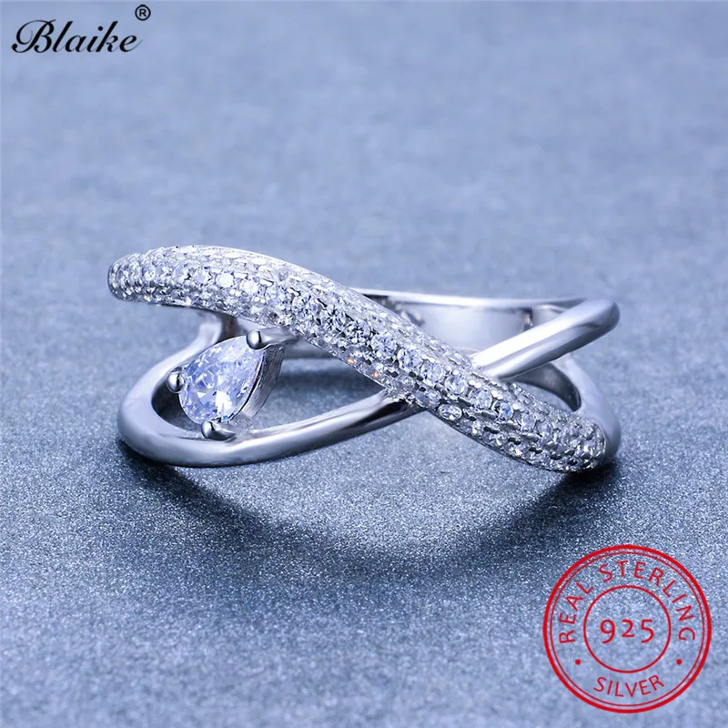 Real s925 Sterling Silver Infinity Rings For Women Pear Cut White Sapphire Zircon Stone Cross Ring Wedding Bands Fine Jewelry | Украшения и