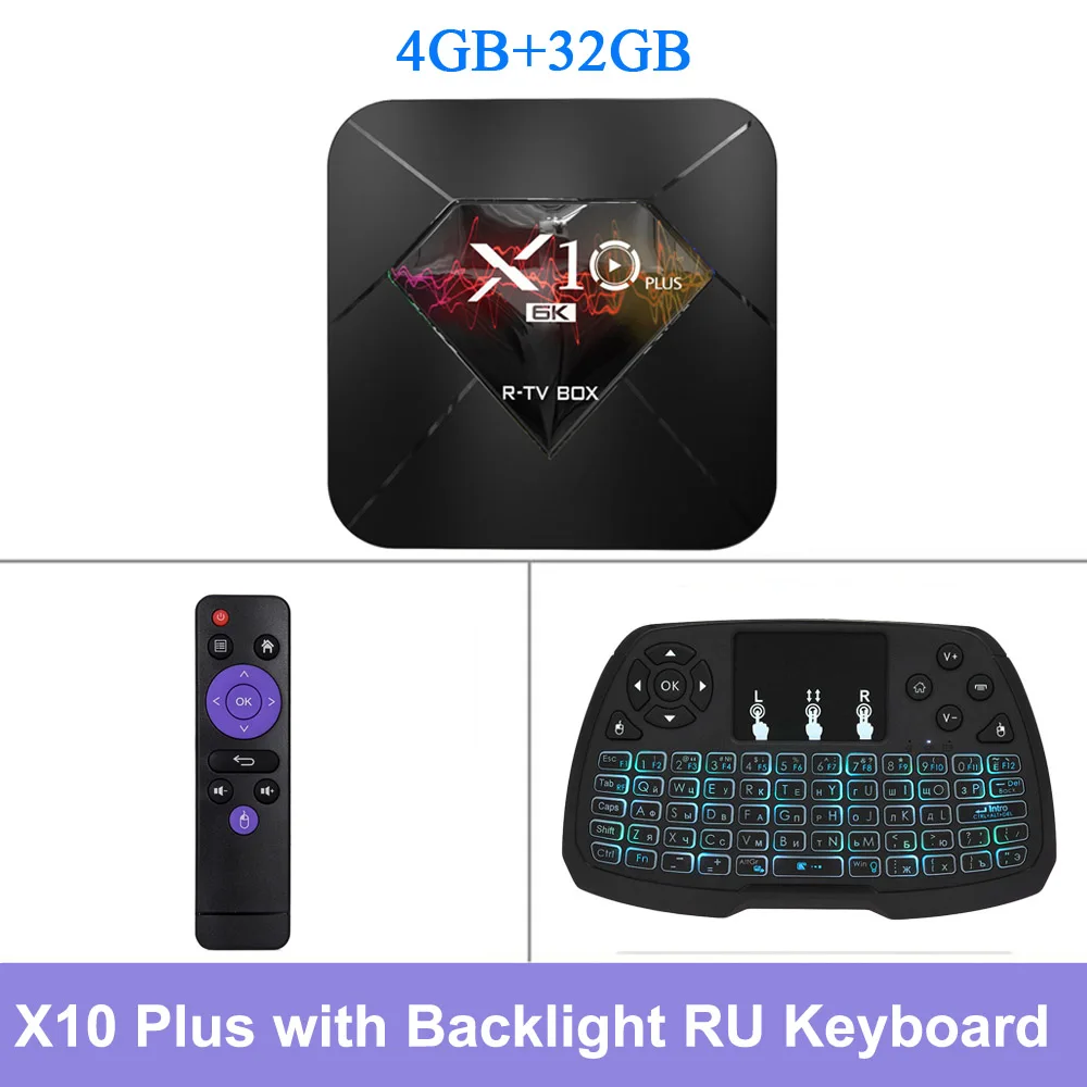 32Backlit RUkeyboard R-TV BOX Smart TV Box X10 PLUS Android 9.0 Allwinner H6 4K Media Player 4GB RAM 32GB ROM 2.4G WiFi USB3.0 H.265 VP9 Set Top Box - Color: 32Backlit RUkeyboard