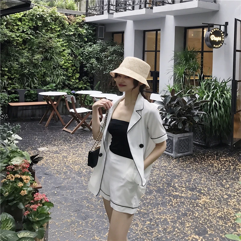 Hzirip для женщин Лето Офис Женский Белый костюм короткие брюки Блейзер двубортный