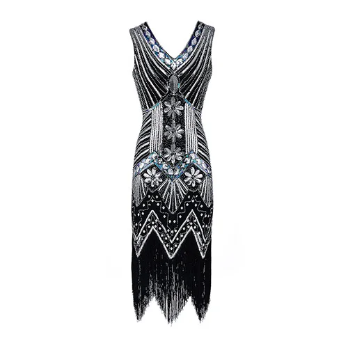 Black Great Gatsby/вечерние женские платья 1920 s, сексуальное платье без рукавов с v-образным вырезом, синее платье с вышивкой, бахромой, пайетками, бисером и кисточками - Цвет: Black