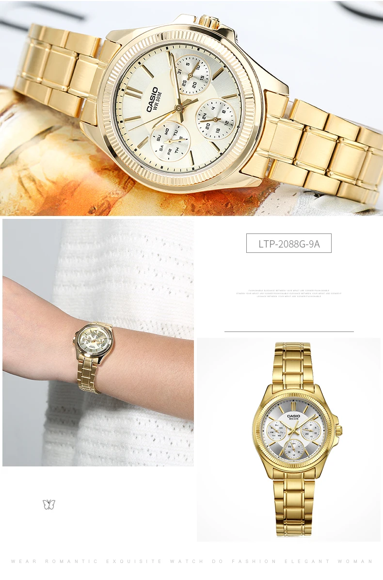 Casio, женские часы, модные, повседневные, аналоговые, с указателем, серия 50 метров, водонепроницаемые, кварцевые часы с золотым ремешком, LTP-2088, Relogio
