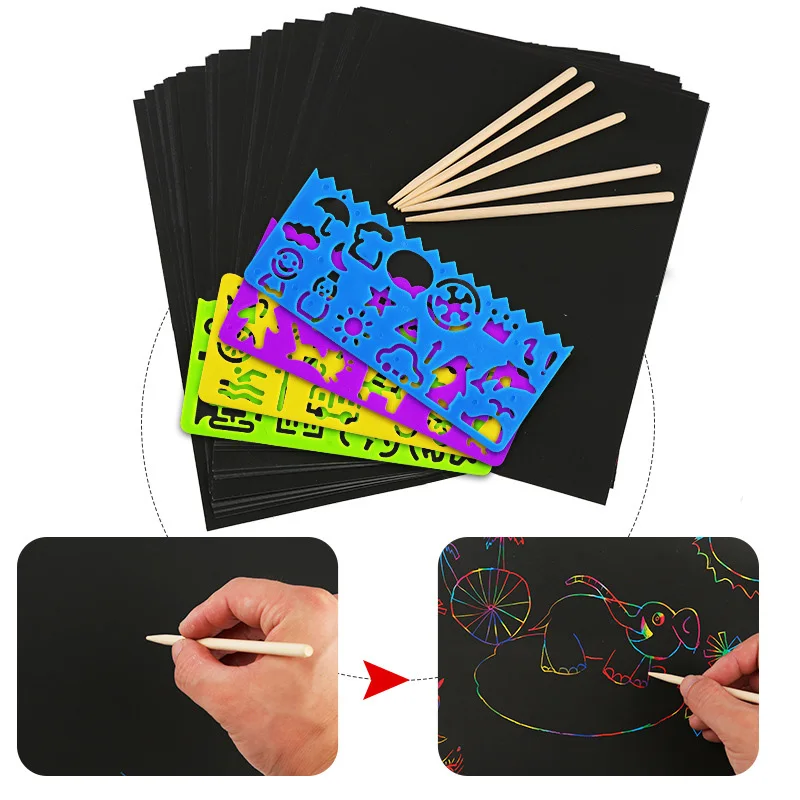10pcs A4 size Children Scratch Painting Papers with Drawing Stencils Kids Scraping Paper Paint Learning Kindergarten Preschool | Игрушки и
