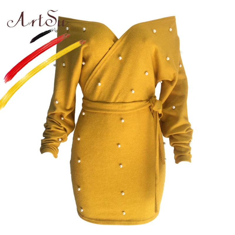 Женское трикотажное мини платье с открытыми плечами и V образным вырезом|long sleeve